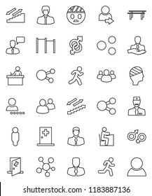 thin line vector icon set - student vector, manager, man, horizontal bar, stairways run, client, speaking, social media, group, gender sign, head bandage, medical room, doctor, share, login