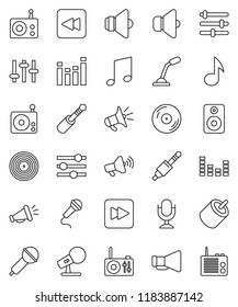 thin line vector icon set - music vector, disk, microphone, radio, speaker, loudspeaker, settings, equalizer, forward button, backward, rca, jack