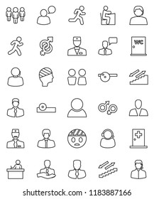 thin line vector icon set - water closet vector, student, manager, man, stairways run, support, client, speaking, doctor, gender sign, eye hat, head bandage, medical room, consumer