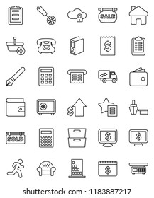 thin line vector icon set - skimmer vector, pen, calculator, archive, wallet, dollar growth, receipt, binder, safe, calendar, monitor, clipboard, run, phone, port, cloud lock, home, favorites, sold