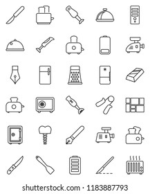 thin line vector icon set - spatula vector, knife, grater, toaster, blender, dish, pen, gold ingot, safe, hand trainer, consolidated cargo, battery, scalpel, tooth implant, fridge, meat grinder