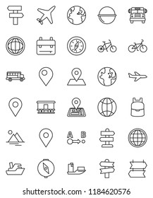 thin line vector icon set - camping cauldron vector, backpack, compass, school bus, world, bike, signpost, navigator, earth, map pin, plane, ship, route, Railway carriage, globe, mountain