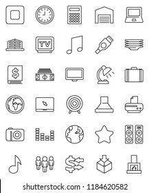 thin line vector icon set - plates vector, table lamp, calculator, notebook pc, music, exchange, case, annual report, clock, man, stadium, target, earth, package, equalizer, tv, monitor, stop button