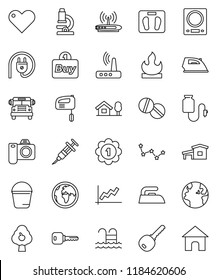 thin line vector icon set - bucket vector, iron, microscope, school bus, constellation, graph, scales, medal, pool, earth, flammable, heart, syringe, pills, drop counter, router, key, cottage, buy