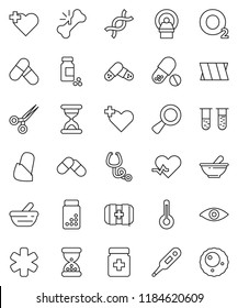 thin line vector icon set - pills vial vector, heart cross, first aid kit, oxygen, ambulance star, pulse, thermometer, eye, dna, magnifier, scissors, broken bone, sand clock, stethoscope, bottle