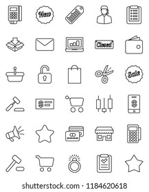 thin line vector icon set - cart vector, japanese candle, laptop graph, wallet, barcode, credit card, star, sale, new, closed, shopping bag, store, support, reader, basket, list, auction, mail