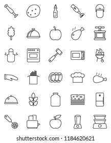 thin line vector icon set - plates vector, camping cauldron, cook hat, apron, glove, press, skimmer, meat hammer, toaster, microwave oven, blender, bbq, dish, jar, cereal, pasta, potato, chicken leg