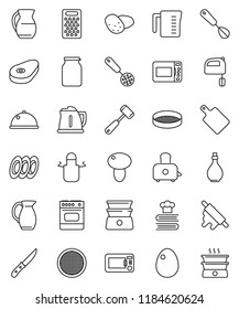 thin line vector icon set - kettle vector, oil, measuring cup, apron, whisk, skimmer, knife, rolling pin, meat hammer, cutting board, grater, mixer, toaster, double boiler, cookbook, plates, jug