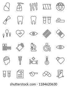 thin line vector icon set - liquid soap vector, rubber glove, heart cross, disabled, pulse, thermometer, vial, eye, crutches, broken bone, patch, pills, blister, doctor hat, microscope, chromosomes