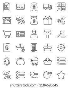 thin line vector icon set - cart vector, receipt, gift, credit card, wallet, money bag, 24 hour, percent, store, support, target, reader, basket, shopping list, calculator, auction, delivery, coupon