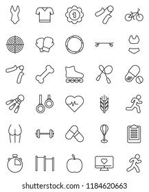 thin line vector icon set - diet vector, barbell, heart pulse, stopwatch, clipboard, bike, jump rope, hand trainer, horizontal bar, punching bag, buttocks, boxing glove, swimsuite, t shirt, target