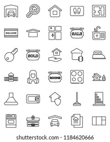 thin line vector icon set - mop vector, welcome mat, shining window, house hold, sink, cleaner woman, oven, university, school building, dry cargo, chalet, garage, plan, estate document, rooms, sold