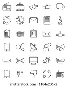 thin line vector icon set - clipboard vector, satellite antenna, loudspeaker, mobile phone, dialog, speaking man, hdmi, connect, network, server, hub, lan connector, share, refresh, mail, wireless
