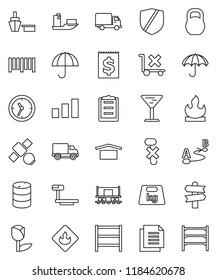 thin line vector icon set - signpost vector, Railway carriage, satellite, ship, delivery, clock, receipt, port, clipboard, document, glass, umbrella, dry cargo, no trolley, hook, tulip, sorting