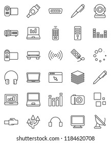 thin line vector icon set - pen vector, laptop graph, equalizer, remote control, headphones, notebook pc, hdmi, big data, browser, lan connector, bench, loading, route arrow, wireless, monitor, web