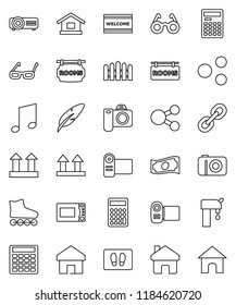 thin line vector icon set - welcome mat vector, microwave oven, pen, glasses, calculator, music, cash, roller Skates, top sign, link, share, home, water supply, fence, rooms signboard, camera, video