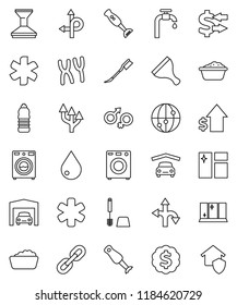 thin line vector icon set - scraper vector, water drop, car fetlock, window cleaning, toilet brush, washer, foam basin, shining, blender, exchange, dollar growth, medal, bottle, route, internet