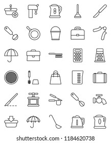 thin line vector icon set - plunger vector, fetlock, bucket, water tap, toilet brush, pan, kettle, measuring cup, cook press, whisk, ladle, grater, sieve, case, hand trainer, umbrella, scalpel