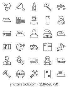 thin line vector icon set - scraper vector, vacuum cleaner, fetlock, window cleaning, iron, agent, shining, woman, dollar cursor, support, delivery, cargo search, hospital building, amkbulance car