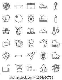 thin line vector icon set - target vector, weight, jump rope, hand trainer, punching bag, fitball, muscule, snickers, boxing glove, shorts, roller Skates, skateboard, medal, sports nutrition, pool