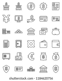 thin line vector icon set - school building vector, bank, dollar coin, credit card, wallet, money bag, investment, check, medal, safe, monitor, any currency, euro sign, yen, gold ingot, receipt