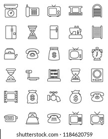 thin line vector icon set - water tap vector, washboard, kettle, alarm clock, abacus, money bag, sand, phone, big scales, film frame, tv, video camera, classic, fridge, kitchen, sewing machine