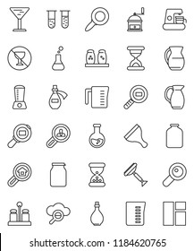 thin line vector icon set - scraper vector, oil, measuring cup, hand mill, spices, jug, jar, magnifier, flask, no alcohol sign, glass, cargo search, vial, sand clock, potion, cloud, estate, client