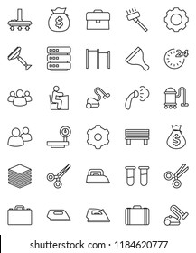 thin line vector icon set - scraper vector, vacuum cleaner, iron, steaming, student, case, money bag, horizontal bar, big scales, group, vial, scissors, data, gear, bench, 24 hour