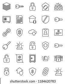 thin line vector icon set - certificate vector, personal information, dollar shield, safe, protected, link, cloud, big data, server, firewall, chain, lock, key, siren, unlock, smart home, protect