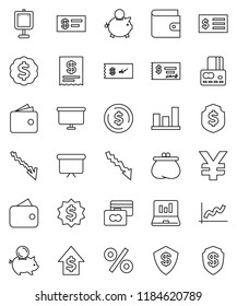 Thin Line Vector Icon Set - Presentation Vector, Dollar Coin, Graph, Laptop, Credit Card, Wallet, Crisis, Piggy Bank, Growth, Check, Receipt, Board, Medal, Shield, Yen Sign, Percent