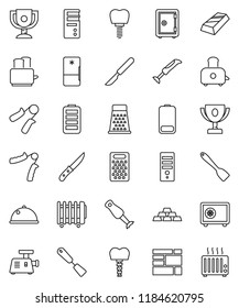 thin line vector icon set - spatula vector, knife, grater, toaster, blender, dish, award cup, gold ingot, safe, hand trainer, consolidated cargo, battery, scalpel, tooth implant, fridge, computer