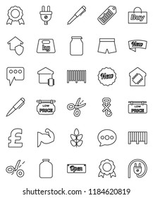 thin line vector icon set - jar vector, pen, medal, pound, muscule hand, shorts, cereals, no hook, weight, barcode, message, low price signboard, smart home, protect, new, open, buy, coupon