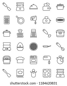 thin line vector icon set - pan vector, cook hat, apron, timer, whisk, spatula, grater, oven, double boiler, cookbook, sieve, dish, mixer, multi cooker, toaster