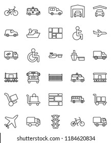 thin line vector icon set - school bus vector, bike, Railway carriage, plane, traffic light, ship, sea container, delivery, car, port, consolidated cargo, disabled, amkbulance, garage, trolley