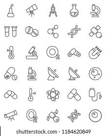 thin line vector icon set - thermometer vector, drawing compass, atom, telescope, microscope, magnet, flask, pills, molecule, oxygen, satellite, antenna, vial, dna, drop counter, ovule