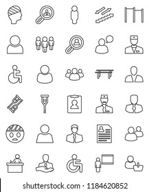 thin line vector icon set - blackboard vector, student, manager, man, personal information, horizontal bar, stairways run, client, speaking, group, disabled, doctor, crutches, head bandage, user
