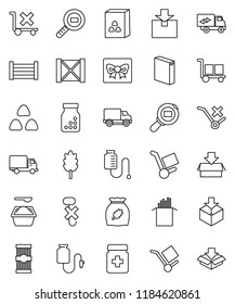 thin line vector icon set - washing powder vector, cereal, pasta, delivery, wood box, cargo, no trolley, hook, package, search, pills bottle, drop counter, relocation truck, gift
