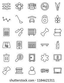 thin line vector icon set - clothespin vector, trash bin, cleaning agent, ladle, atom, calculator, schedule, constellation, money search, safe, monitor dollar, weight, hand trainer, skateboard, bone