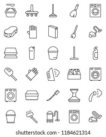 thin line vector icon set - broom vector, vacuum cleaner, mop, bucket, sponge, car fetlock, steaming, washer, washing powder, cleaning agent, rubber glove