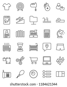 thin line vector icon set - drying clothes vector, mixer, table lamp, scissors, personal information, cart, calculator, shorts, t shirt, target, stairways run, traking, music hit, notebook pc, sperm