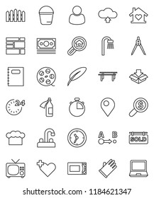thin line vector icon set - bucket vector, rubber glove, water tap, cook hat, microwave oven, copybook, pen, drawing compass, money search, stopwatch, horizontal bar, clock, consolidated cargo, pin