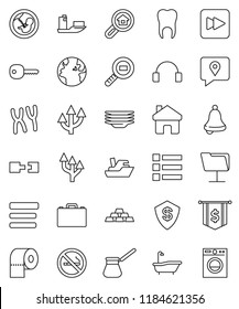 thin line vector icon set - bath vector, plates, toilet paper, turk coffee, case, bell, dollar flag, gold ingot, no smoking, earth, traking, ship, cargo search, headphones, forward button, pregnancy