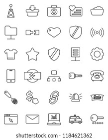 thin line vector icon set - foam basin vector, skimmer, laptop graph, dollar cursor, heart monitor, first aid kit, phone, protected, antenna, mobile, link, favorites, amkbulance car, network folder