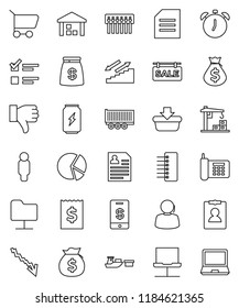 thin line vector icon set - alarm clock vector, document, exam, pie graph, crisis, money bag, receipt, man, personal information, enegry drink, stairways run, phone, support, truck trailer, port, pc
