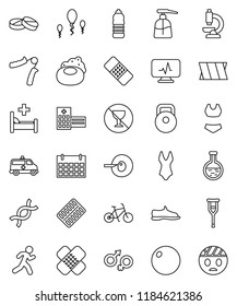 thin line vector icon set - soap vector, liquid, bike, weight, hand trainer, fitball, snickers, swimsuite, water bottle, calendar, no alcohol sign, run, flask, gender, dna, insemination, crutches