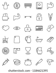 thin line vector icon set - cleaner trolley vector, clothespin, bath, drying clothes, apron, knife, cutting board, toaster, jug, exchange, gold ingot, muscule hand, skateboard, no fastfood, hoop