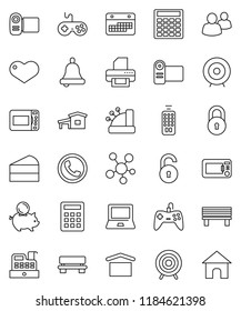 thin line vector icon set - cake vector, bell, notebook pc, piggy bank, calculator, target, calendar, dry cargo, gamepad, remote control, social media, group, heart, bench, lock, unlock, cottage
