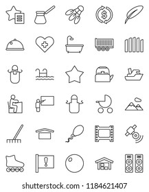 thin line vector icon set - rake vector, kettle, apron, turk coffee, dish, pen, blackboard, student, exchange, fitball, roller Skates, shuttlecock, attention, ship, truck trailer, dry cargo, sperm