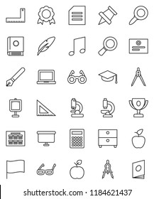 thin line vector icon set - graduate hat vector, pen, corner ruler, drawing compass, glasses, apple fruit, calculator, notebook pc, schedule, paper pin, award cup, medal, certificate, presentation