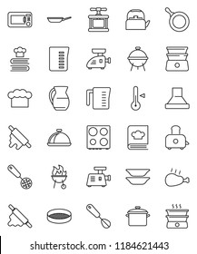 thin line vector icon set - pan vector, kettle, measuring cup, cook hat, press, whisk, skimmer, rolling pin, toaster, oven, double boiler, cookbook, thermometer, bbq, plates, jug, sieve, dish, hood